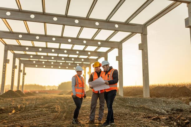Project team reviewing plans beneath a precast concrete structure at sunset