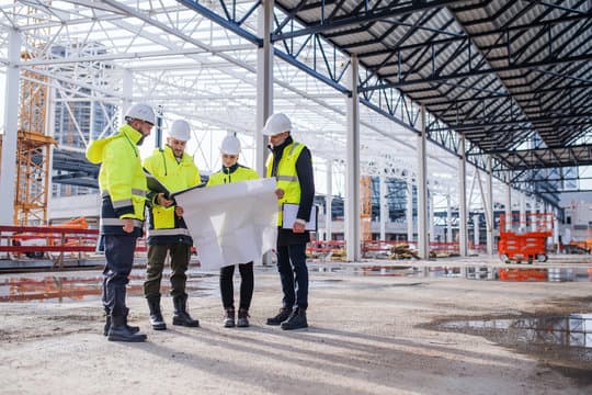 Project team reviewing plans beneath a structural steel frame